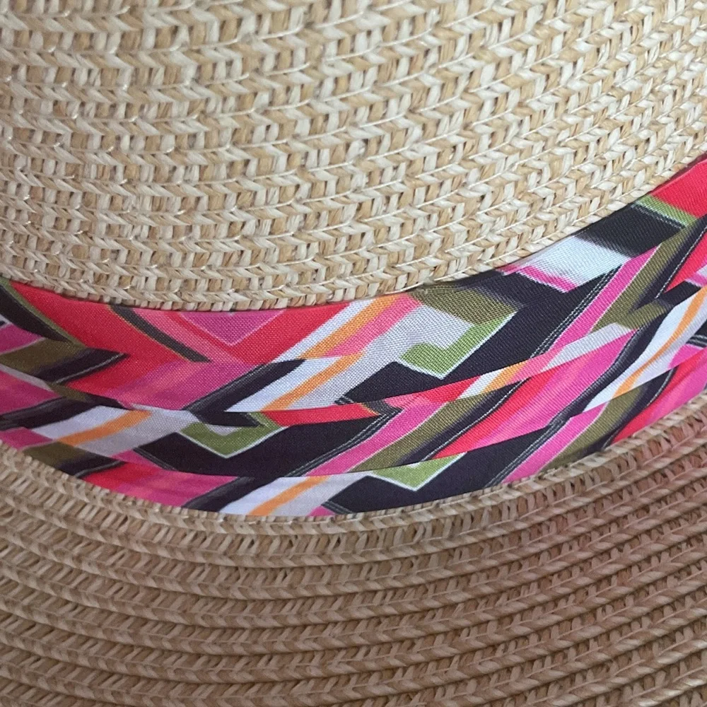 Trina Turk Azure Wide Brim Straw Adjustable Fedora with Pink Patterned Band NWT - Picture 9 of 9